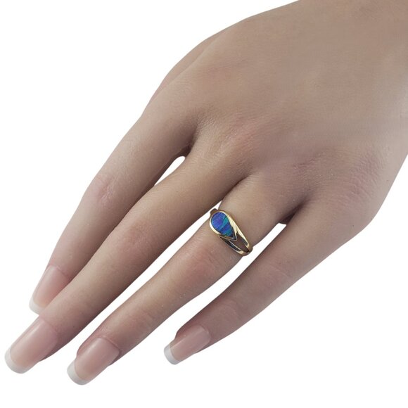 14 Karat Yellow Gold Black Opal Inlay Ring Size 4 #19730 - Picture 7 of 8